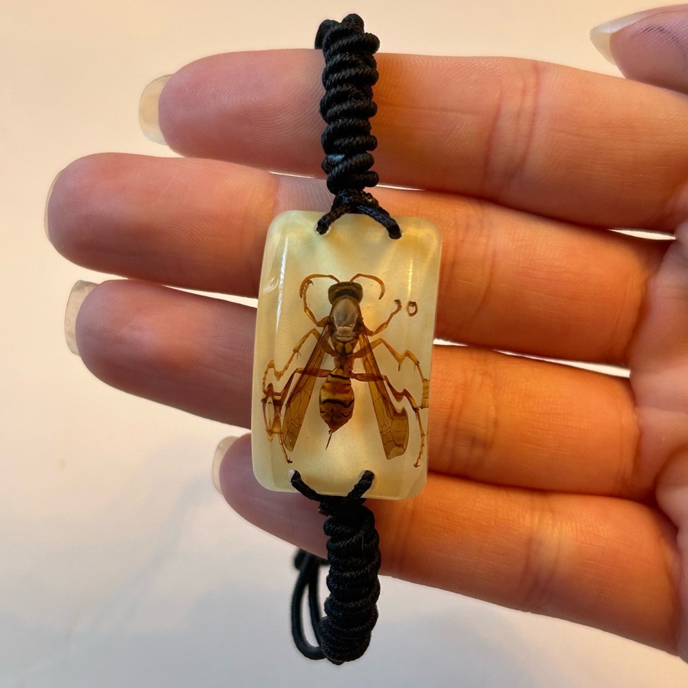 Insect Wasp in Resin Bracelet with Adjustable Black Tie Cord Yellow Brown Bug